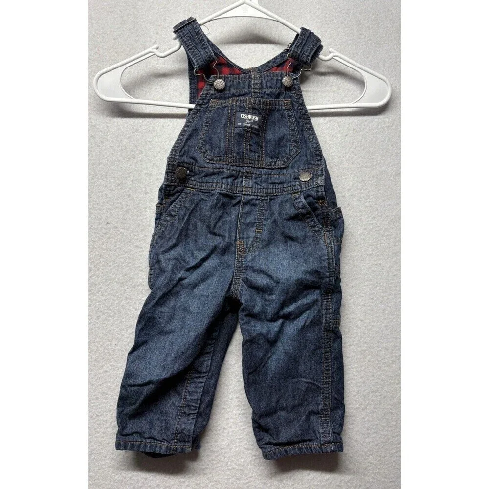 Oshkosh B’Gosh Vestbak Flannel Lined Buffalo Plaid Jean Denim Overalls 12 Months